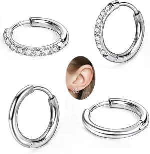 2 Pairs 12MM Small Silver Hoop Earrings For Women Use Hypoallergenic 316L Surgical Stainless Steel Cubic Zirconia Hoop Earrings Set Tragus Helix Piercing Jewelry