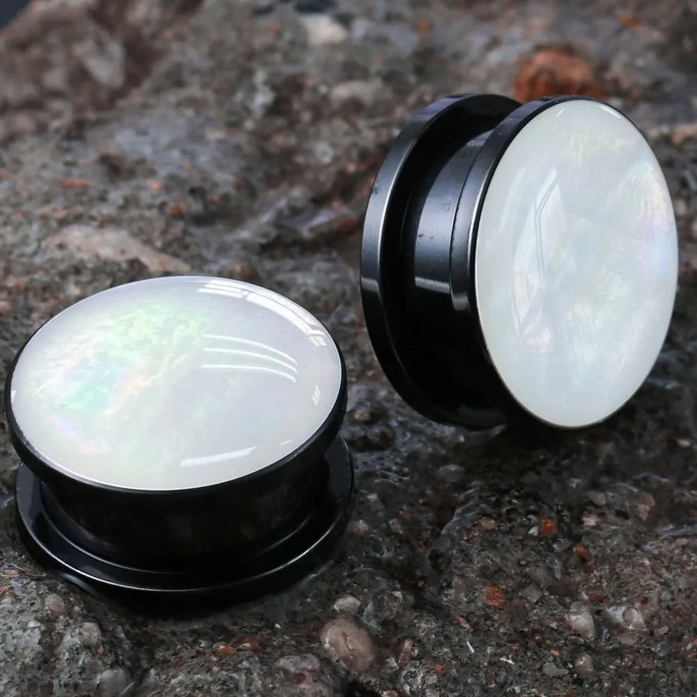2 Pairs White Pearl Shell Stainless Steel Ear Gauges Plugs and Tunnels, Size 2g - 1 inch Hypoallergenic Surgical Steel Ear Stretcher Expander Body Jewelry