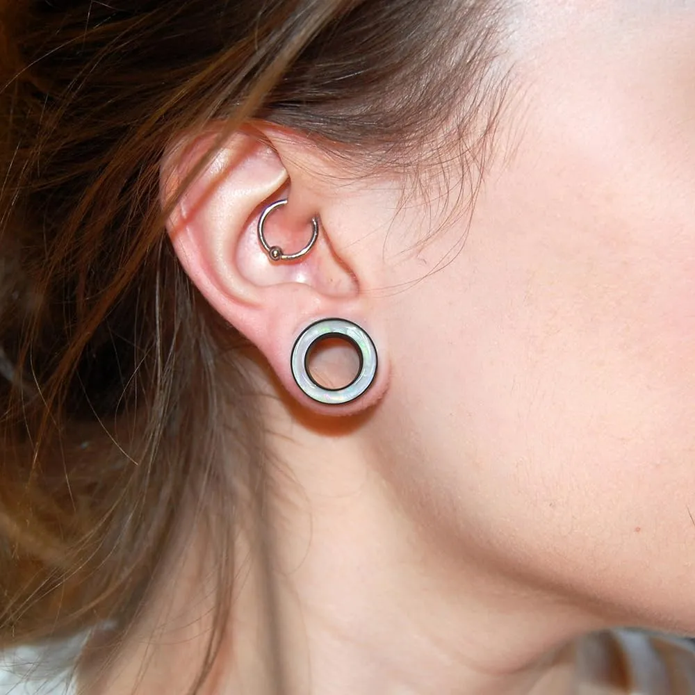 2 Pairs White Pearl Shell Stainless Steel Ear Gauges Plugs and Tunnels, Size 2g - 1 inch Hypoallergenic Surgical Steel Ear Stretcher Expander Body Jewelry