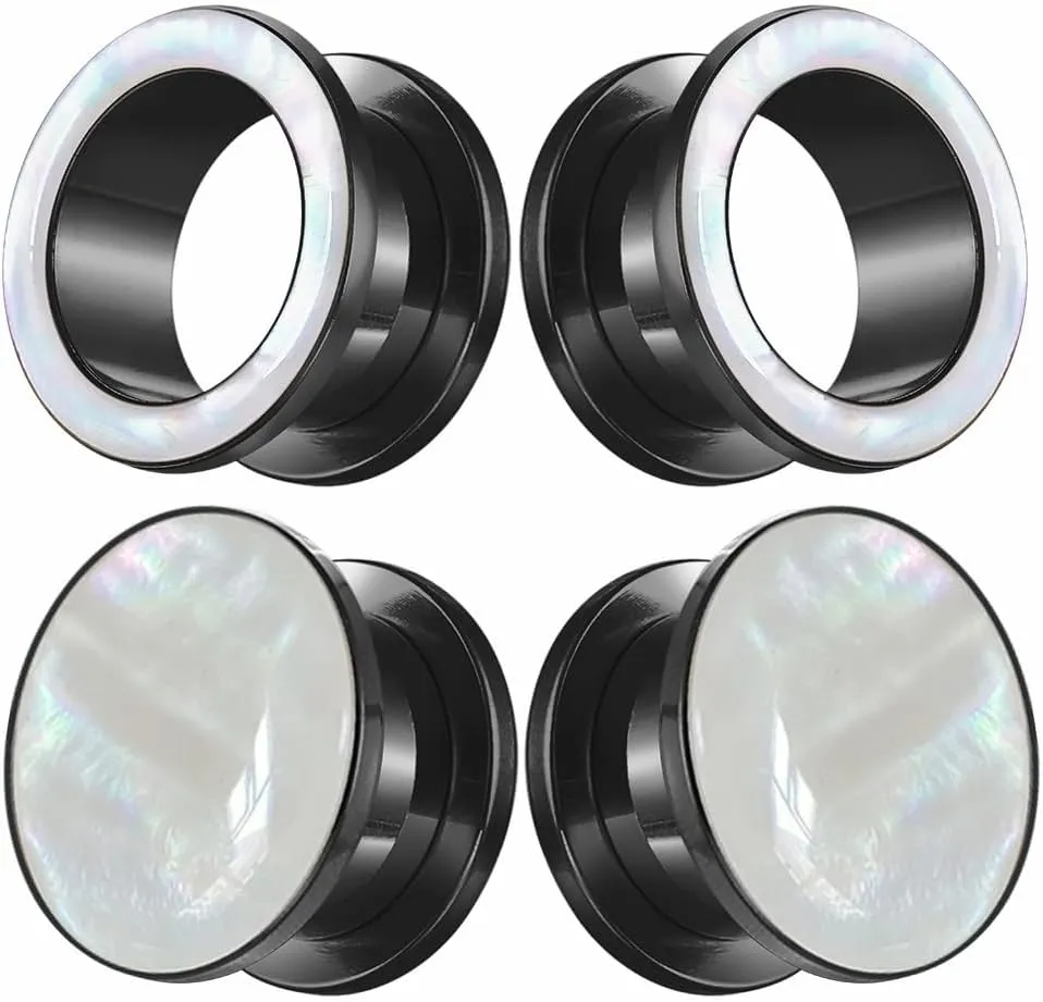 2 Pairs White Pearl Shell Stainless Steel Ear Gauges Plugs and Tunnels, Size 2g - 1 inch Hypoallergenic Surgical Steel Ear Stretcher Expander Body Jewelry