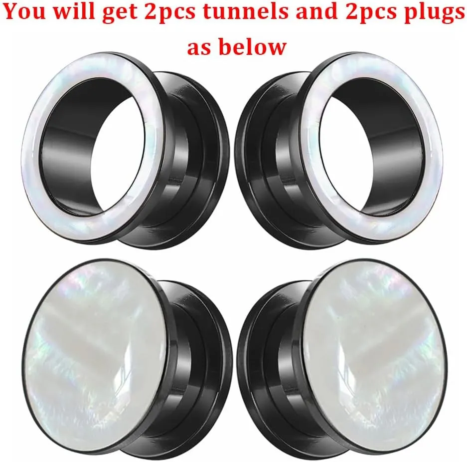 2 Pairs White Pearl Shell Stainless Steel Ear Gauges Plugs and Tunnels, Size 2g - 1 inch Hypoallergenic Surgical Steel Ear Stretcher Expander Body Jewelry
