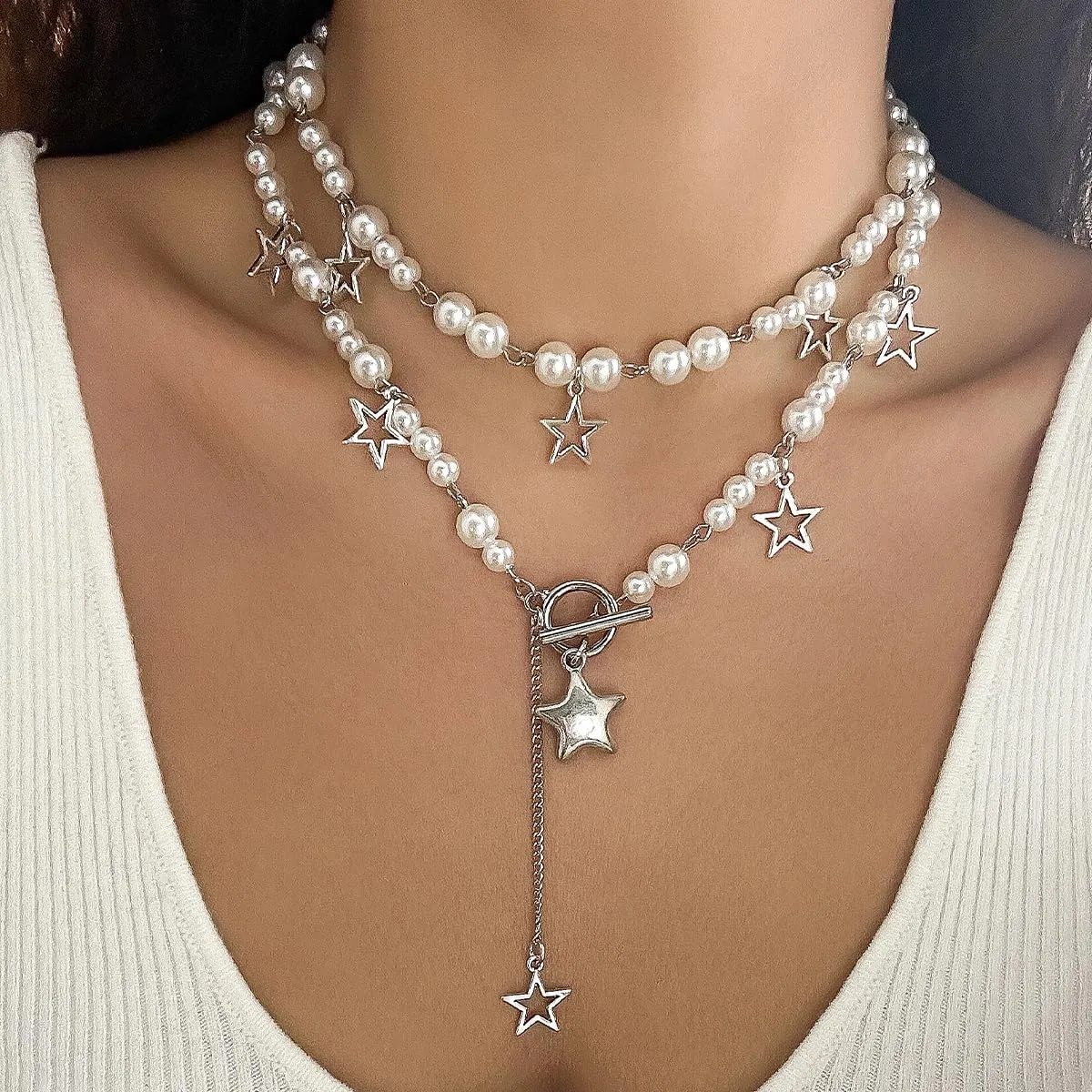 2 Pieces Silver Star Necklace Y2K Jewelry Set Grunge Necklace Kawaii Cute Necklaces Aesthetic Vintage Emo Jewelry