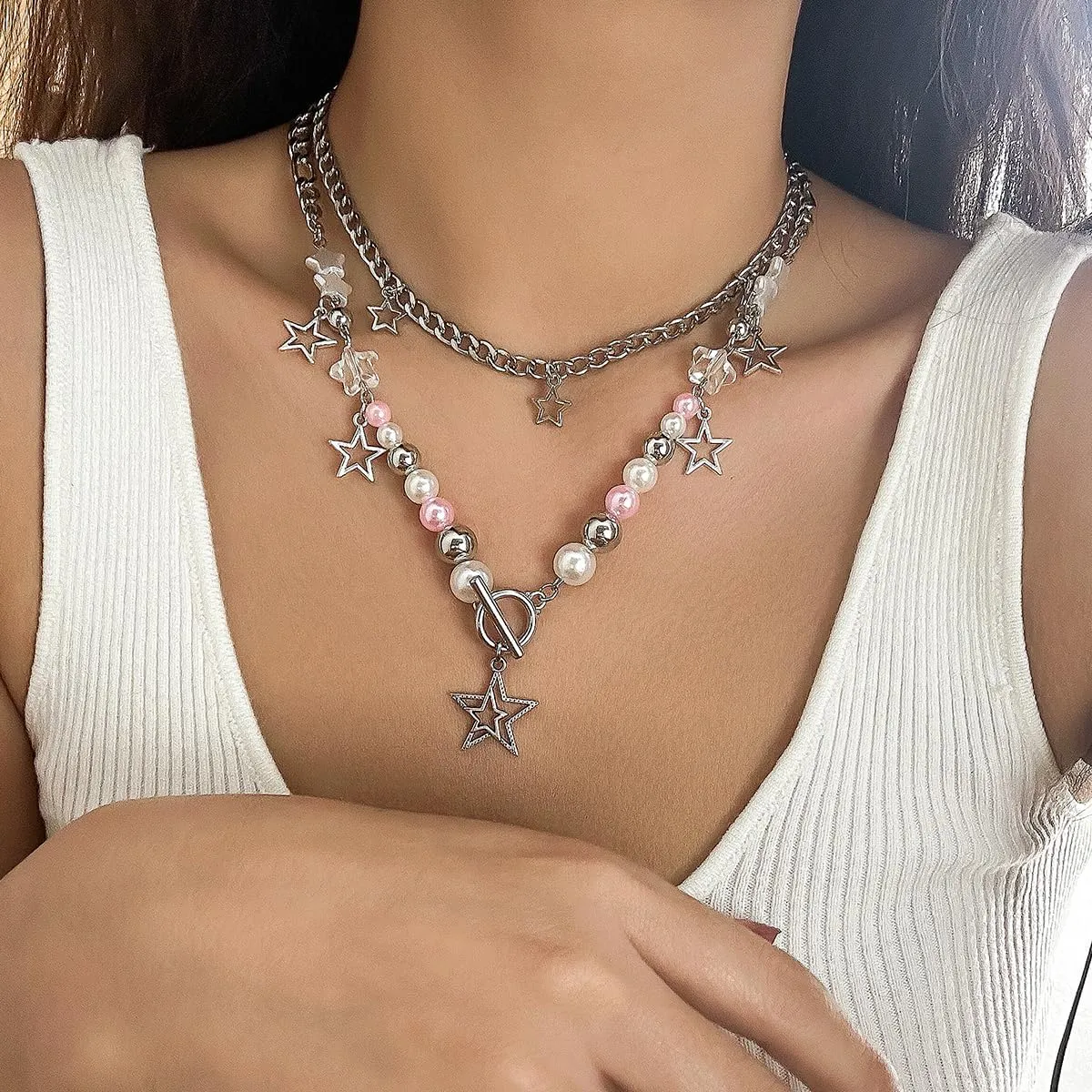 2 Pieces Silver Star Necklace Y2K Jewelry Set Grunge Necklace Kawaii Cute Necklaces Aesthetic Vintage Emo Jewelry