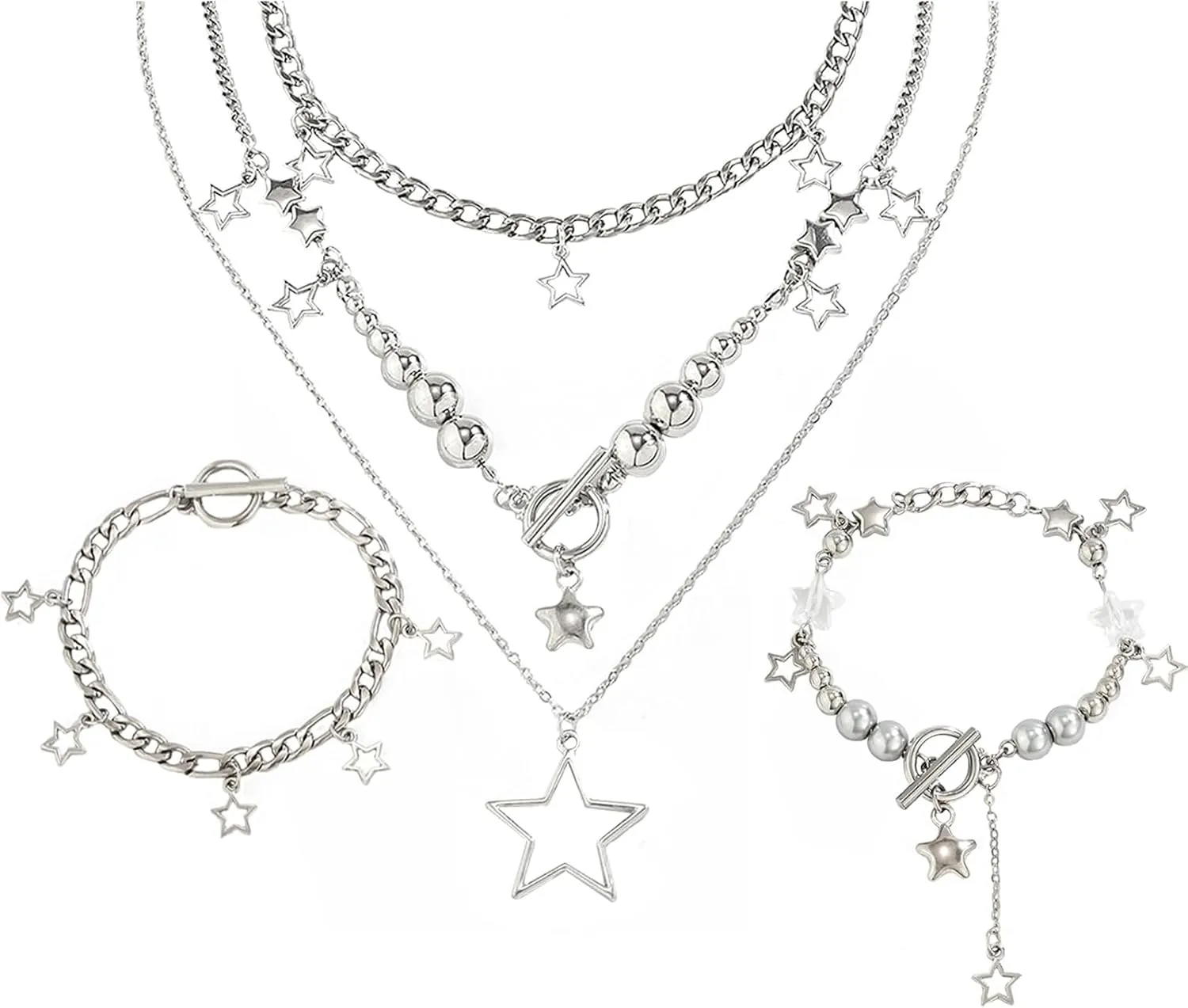 2 Pieces Silver Star Necklace Y2K Jewelry Set Grunge Necklace Kawaii Cute Necklaces Aesthetic Vintage Emo Jewelry