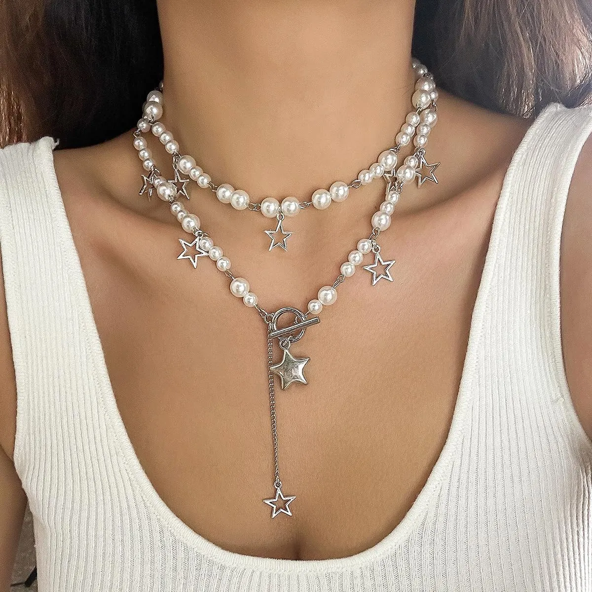 2 Pieces Silver Star Necklace Y2K Jewelry Set Grunge Necklace Kawaii Cute Necklaces Aesthetic Vintage Emo Jewelry
