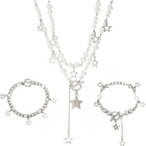 2 Pieces Silver Star Necklace Y2K Jewelry Set Grunge Necklace Kawaii Cute Necklaces Aesthetic Vintage Emo Jewelry