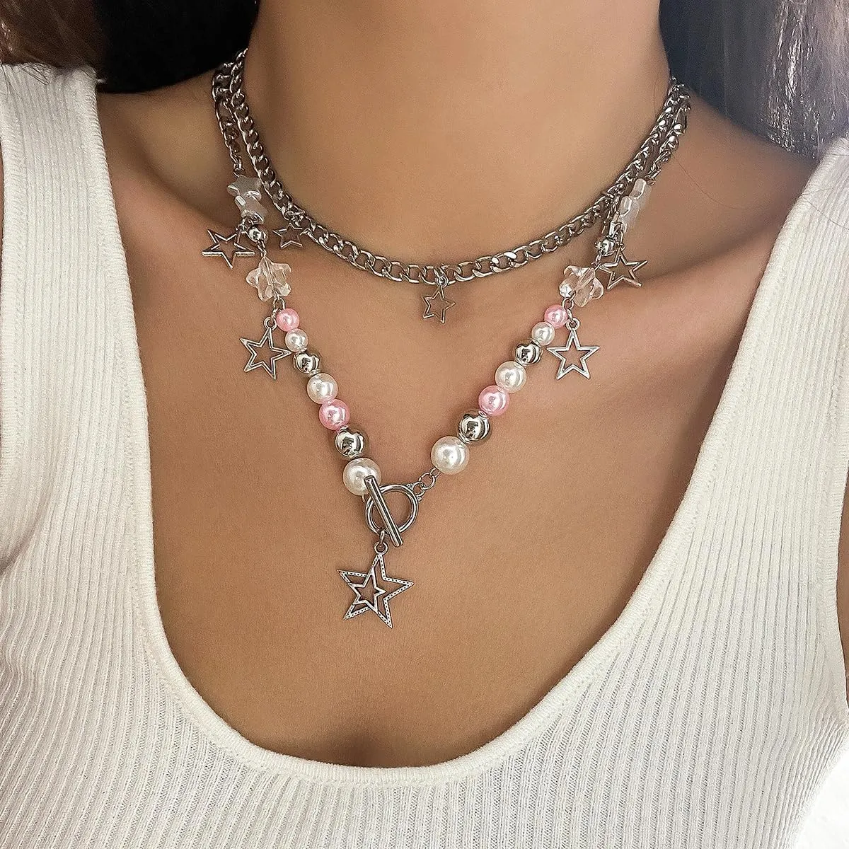 2 Pieces Silver Star Necklace Y2K Jewelry Set Grunge Necklace Kawaii Cute Necklaces Aesthetic Vintage Emo Jewelry