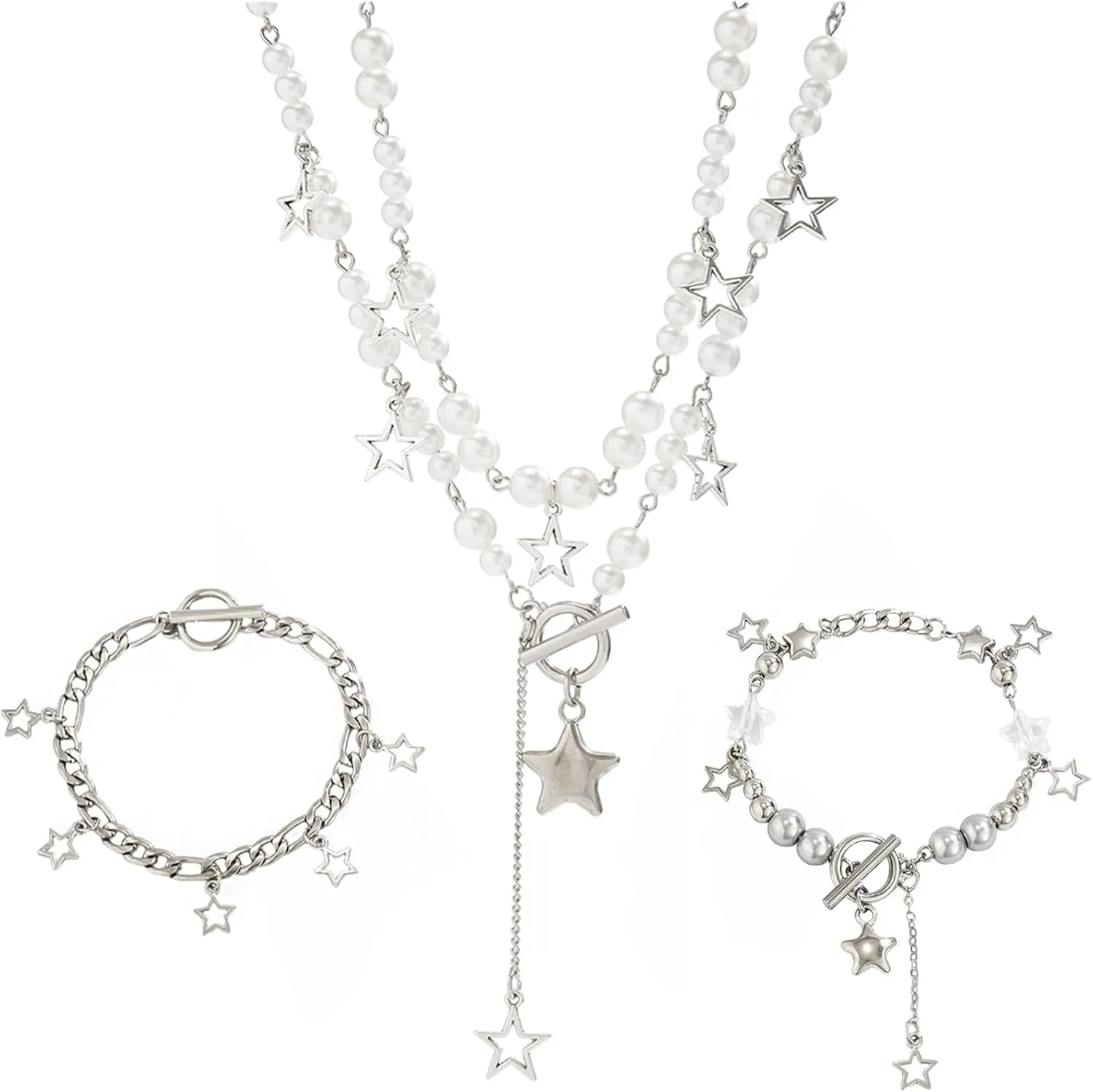 2 Pieces Silver Star Necklace Y2K Jewelry Set Grunge Necklace Kawaii Cute Necklaces Aesthetic Vintage Emo Jewelry
