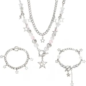 2 Pieces Silver Star Necklace Y2K Jewelry Set Grunge Necklace Kawaii Cute Necklaces Aesthetic Vintage Emo Jewelry