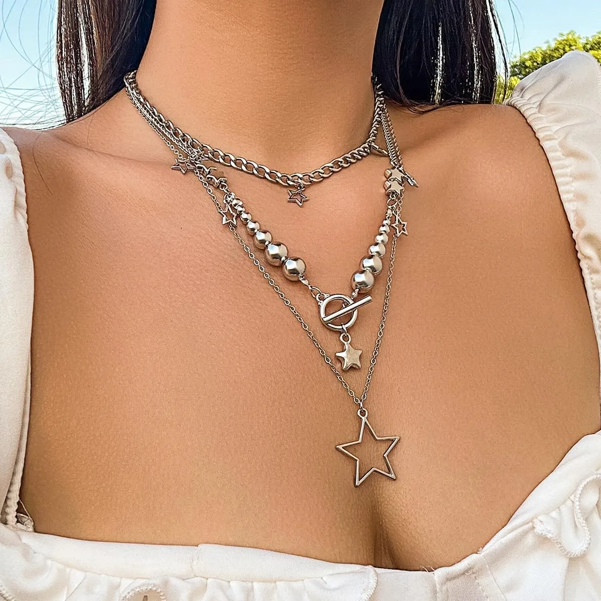 2 Pieces Silver Star Necklace Y2K Jewelry Set Grunge Necklace Kawaii Cute Necklaces Aesthetic Vintage Emo Jewelry