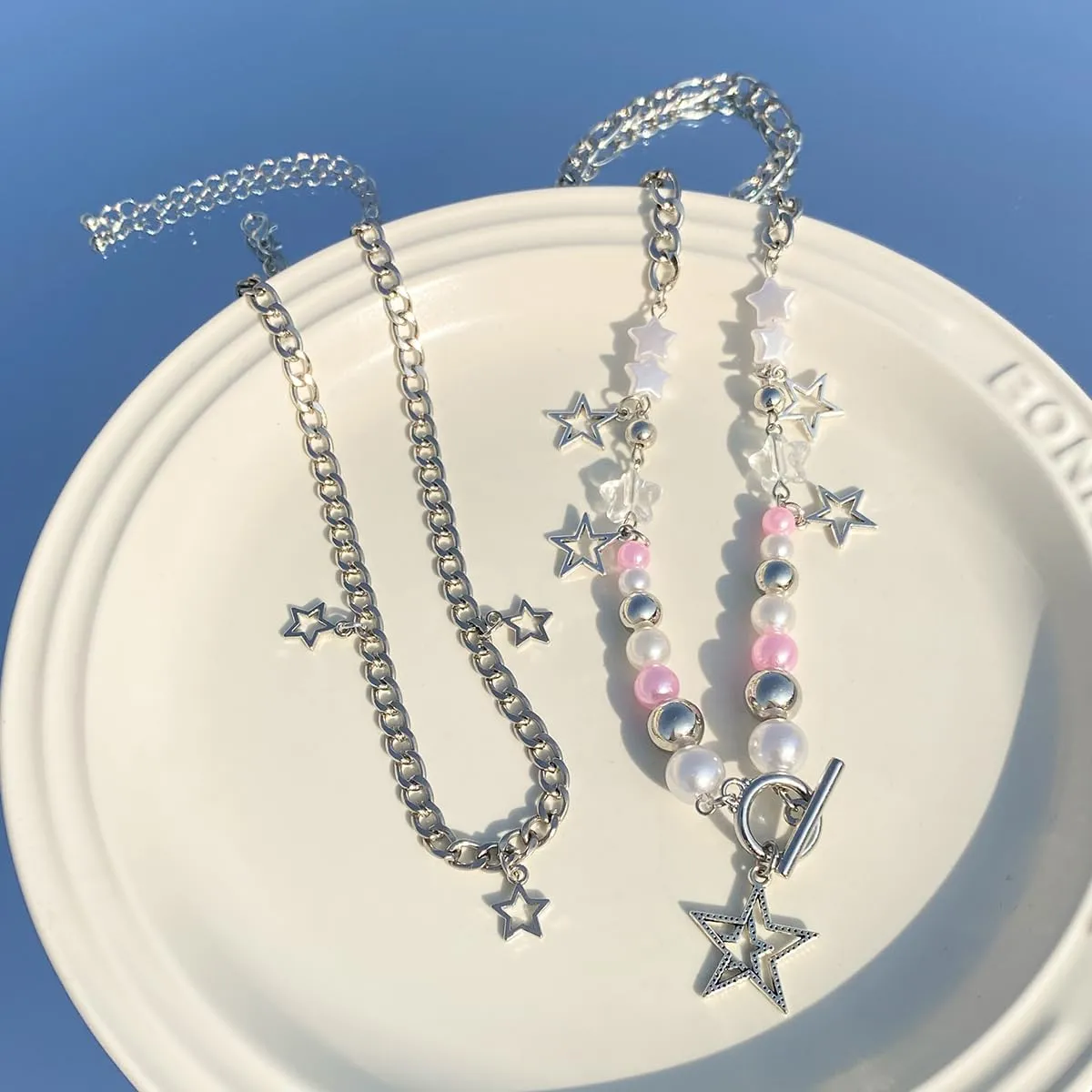 2 Pieces Silver Star Necklace Y2K Jewelry Set Grunge Necklace Kawaii Cute Necklaces Aesthetic Vintage Emo Jewelry