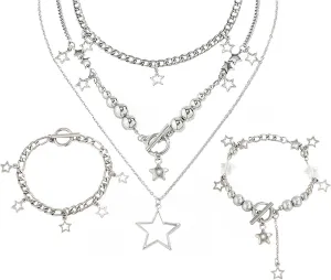 2 Pieces Silver Star Necklace Y2K Jewelry Set Grunge Necklace Kawaii Cute Necklaces Aesthetic Vintage Emo Jewelry