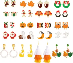 20 Pairs Hypoallergenic Holiday Studs Earrings Sets for Women Ghost Pumpkin Halloween Earrings Snowman Christmas Earrings Fall Thanksgiving Earrings Cute Studs Earrings Bulk Jewelry Festive Present