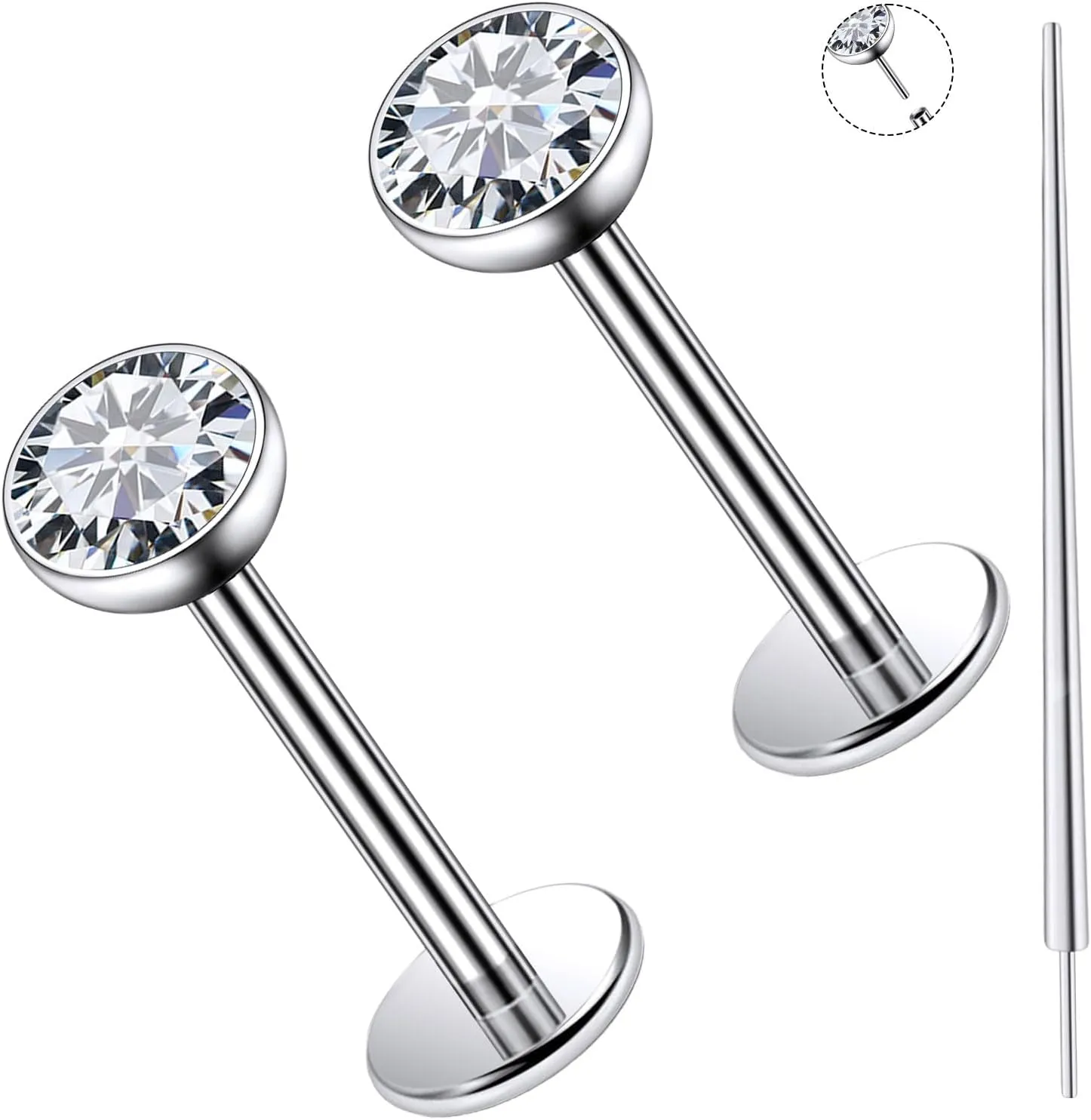 20G 18G 16G Titanium Flat Back Nose Stud Threadless Push in Earrings Tiny CZ Small Nose Rings Helix Cartilage Tragus Conch Lip Labret Medusa Monroe Piercing Jewelry for Women Men