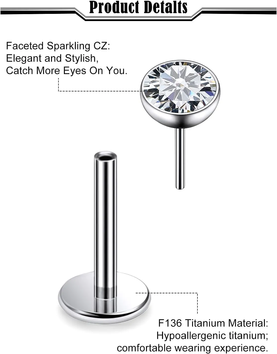 20G 18G 16G Titanium Flat Back Nose Stud Threadless Push in Earrings Tiny CZ Small Nose Rings Helix Cartilage Tragus Conch Lip Labret Medusa Monroe Piercing Jewelry for Women Men