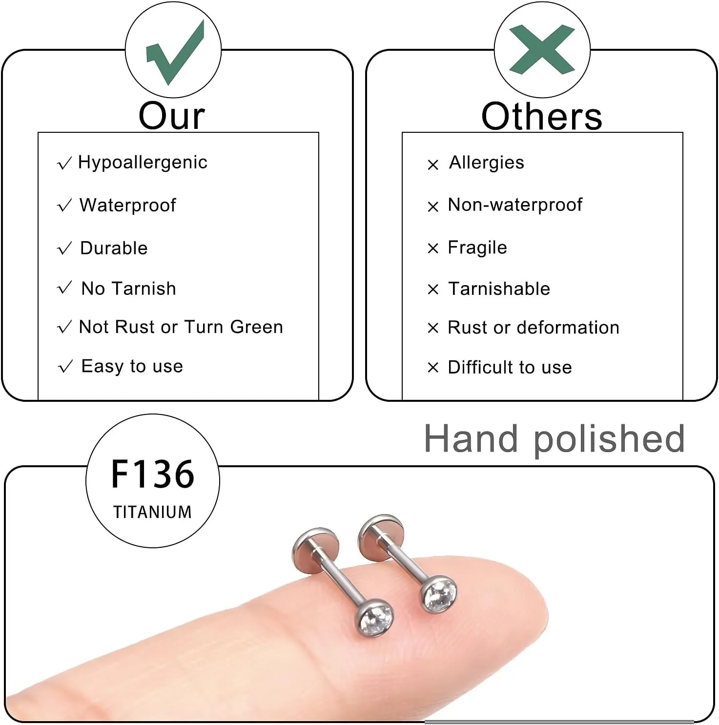 20G 18G 16G Titanium Flat Back Nose Stud Threadless Push in Earrings Tiny CZ Small Nose Rings Helix Cartilage Tragus Conch Lip Labret Medusa Monroe Piercing Jewelry for Women Men
