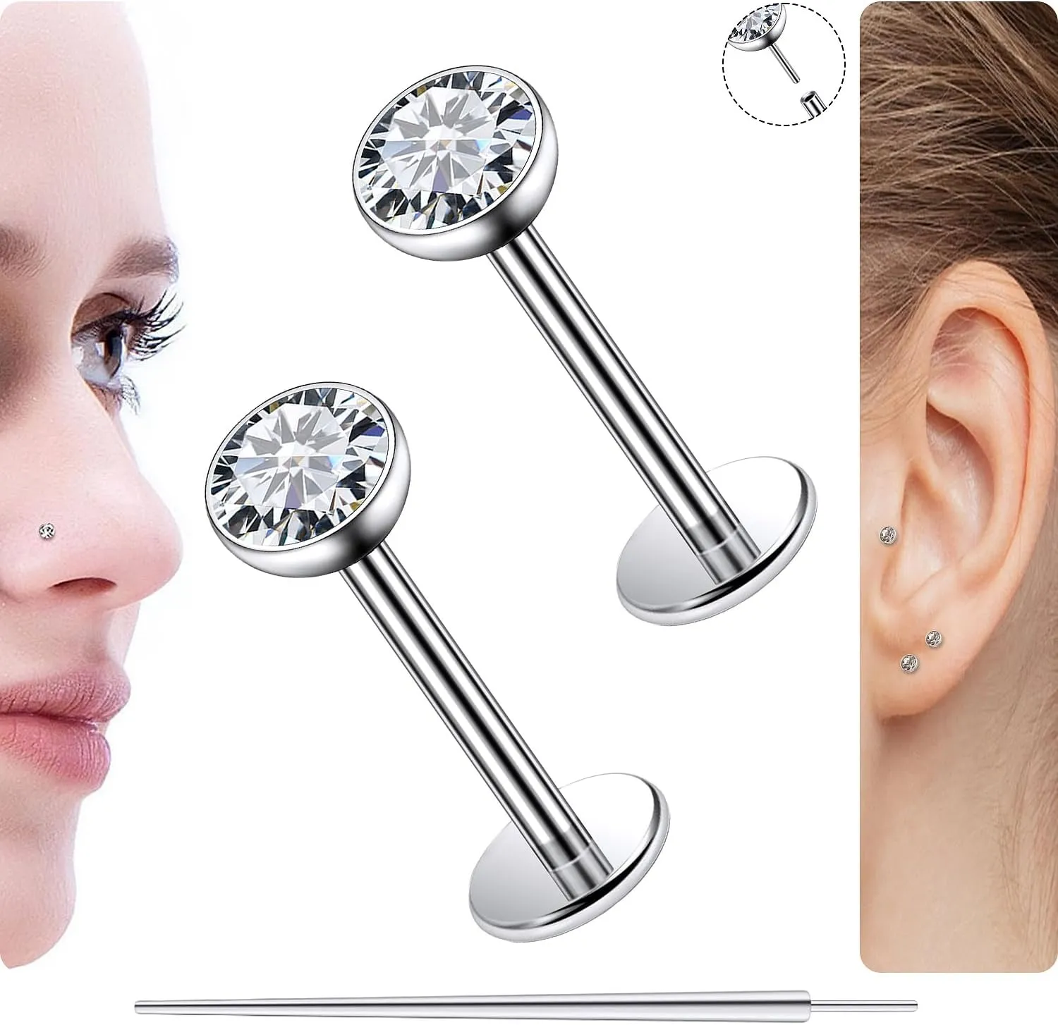 20G 18G 16G Titanium Flat Back Nose Stud Threadless Push in Earrings Tiny CZ Small Nose Rings Helix Cartilage Tragus Conch Lip Labret Medusa Monroe Piercing Jewelry for Women Men