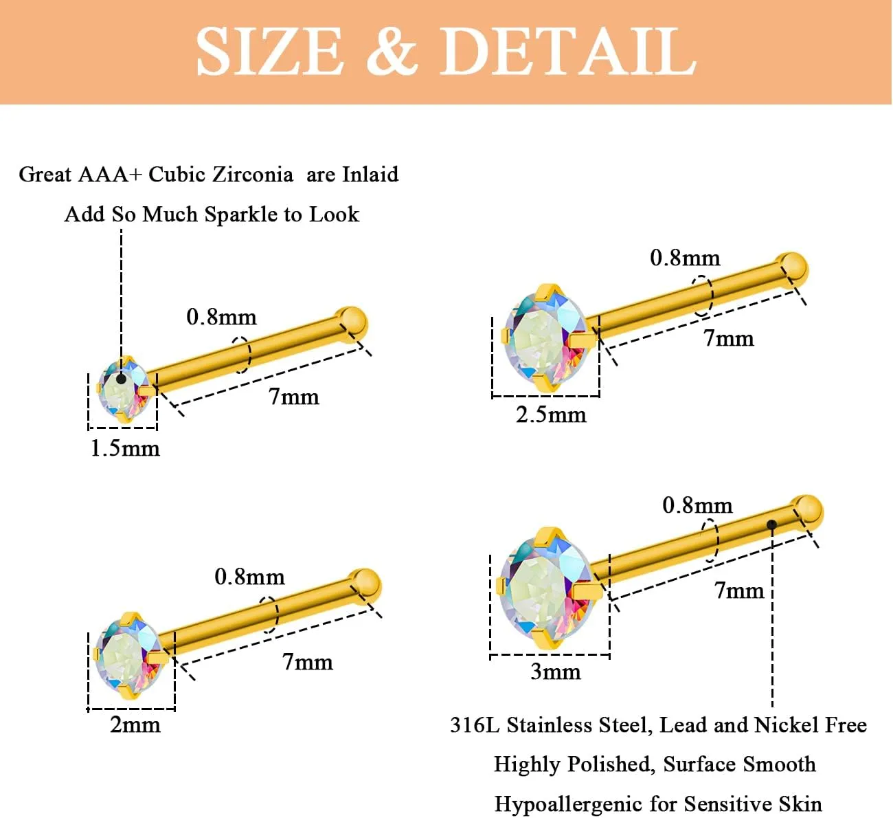 20G 18G Nose Rings Studs Stainless Steel Nose Rings for Women Men Round CZ Nose Bone L Shaped Screw Nose Stud Ring Set Nostril Piercing Jewelry Silver Gold Black