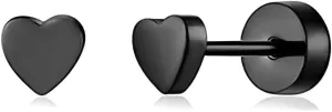 20g Black Heart Love Flat Back Small Stud Earrings for Women Cute Minimalist Stainless Steel Love Hearts Screw Catilage Tragus Piercing Sleeper Tiny Studs Hypoallergenic 4mm