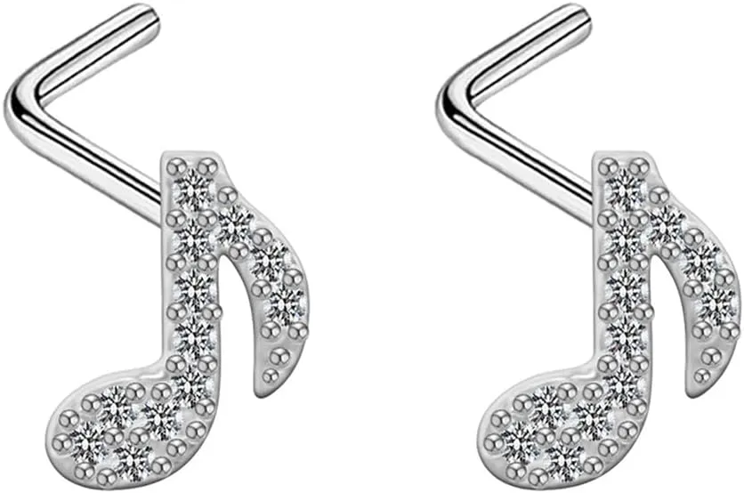 20G CZ Note L-Shaped Nose Rings for Women Stainless Steel L-Shaped Nostril Nose Studs Rings Hypoallergenic Nose Piercing Jewelry