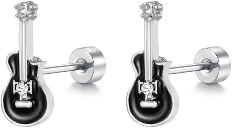 20g Guitar CZ Flat Screw Back Small Stud Earrings for Women Men Black Enamel Crystal Stainless Steel Little Tiny Cartilage Tragus Piercing Sleeper Studs Hypoallergenic Jewelry for Music Lover