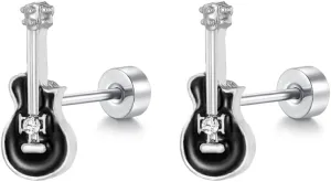 20g Guitar CZ Flat Screw Back Small Stud Earrings for Women Men Black Enamel Crystal Stainless Steel Little Tiny Cartilage Tragus Piercing Sleeper Studs Hypoallergenic Jewelry for Music Lover