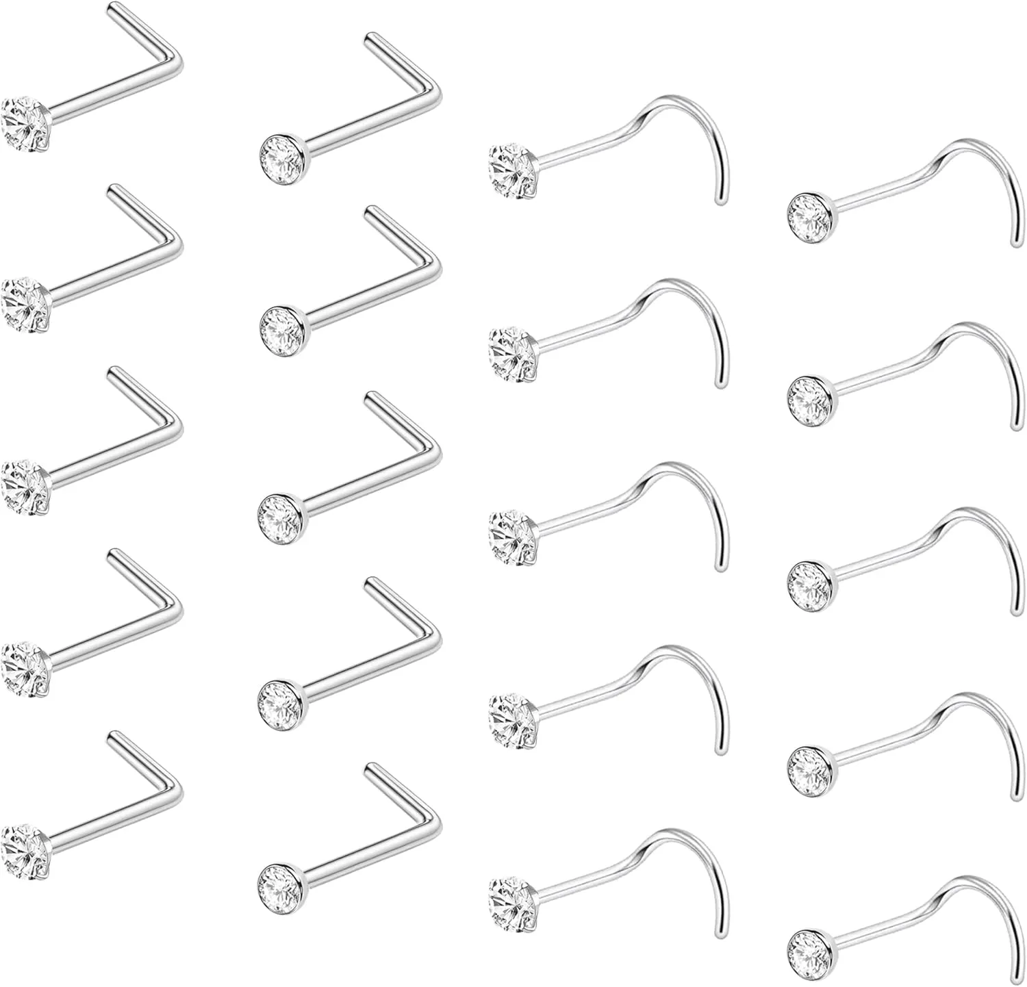 20Pcs 20G Corkscrew Nose Ring for Women L Shaped Screw Nose Stud Surgical Steel Nostril Piercing Jewelry Clear Diamond CZ Silver