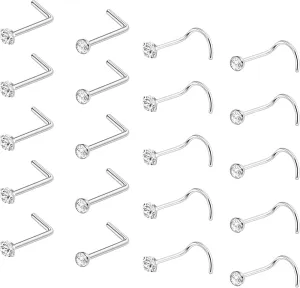 20Pcs 20G Corkscrew Nose Ring for Women L Shaped Screw Nose Stud Surgical Steel Nostril Piercing Jewelry Clear Diamond CZ Silver