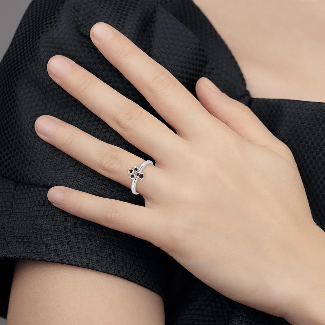 2.25mm 925 Sterling Silver Stackable Rhodium Garnet Religious Faith Cross Ring - Jewelry Gift for Mom