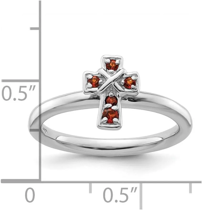 2.25mm 925 Sterling Silver Stackable Rhodium Garnet Religious Faith Cross Ring - Jewelry Gift for Mom