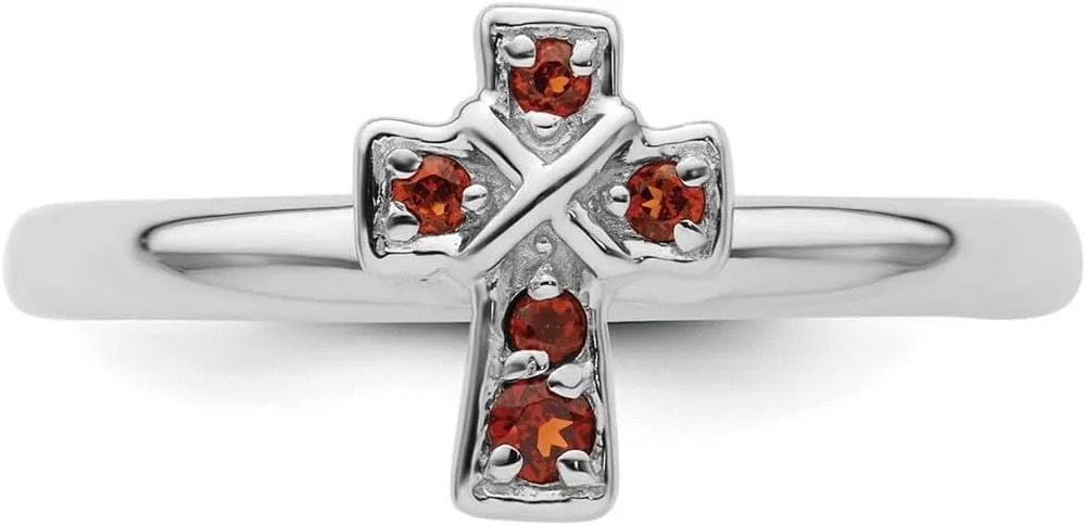 2.25mm 925 Sterling Silver Stackable Rhodium Garnet Religious Faith Cross Ring - Jewelry Gift for Mom