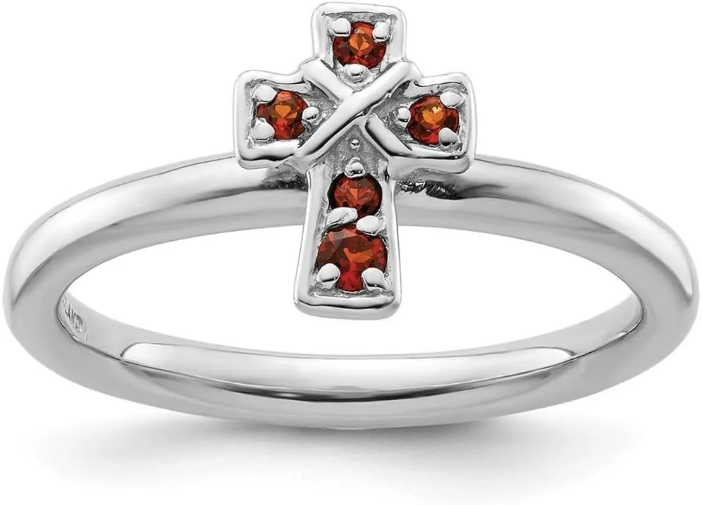2.25mm 925 Sterling Silver Stackable Rhodium Garnet Religious Faith Cross Ring - Jewelry Gift for Mom