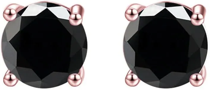 24K Rose Gold Plated Stud Earrings | 2 Cttw Created Earring | Rose Gold Plated Black Sapphire BirthStone Earrings Jewelry | Round Stud Earrings | Pushback Back Finding | 4 Prongs Settings Earring | Gift for Women