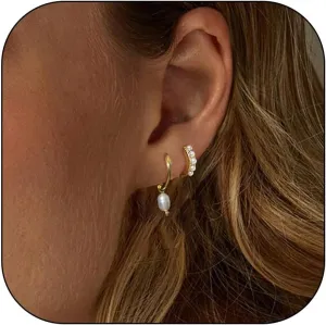 2Pairs Gold Hoop Earrings for Women Pearl Drop Earrings 14k Gold Plated Cartilage Hoop Earring Hypoallergenic Dainty Small Huggie Earrings Stacks Trendy Jewelry Gifts