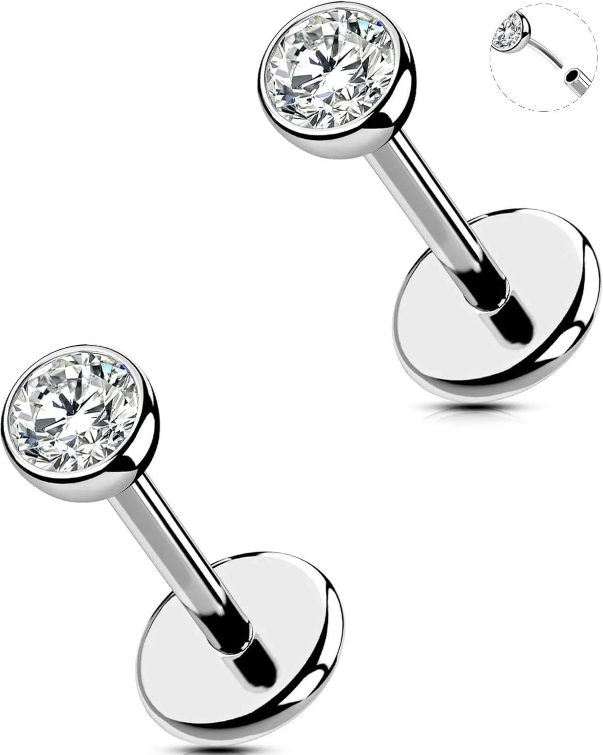 2Pcs 20G/18G/16G Threadless Nose Stud Flat Back Earrings 316L Surgical Steel CZ Daity Nose Helix Cartilage Tragus Conch Labret Medusa Monroe Piercing Jewelry for Women Men
