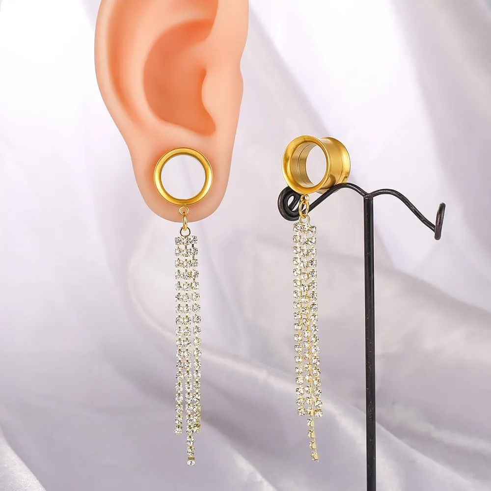 2Pcs Gold Saddle Plugs with Charm Crystals Chain Dangle Gauges Piercing Jewelry for Daily and Wedding, Surgical Steel Size 2g - 1 inch Ear Plugs Tunnels Gauges for Ears Stretching Expander Body Jewelry