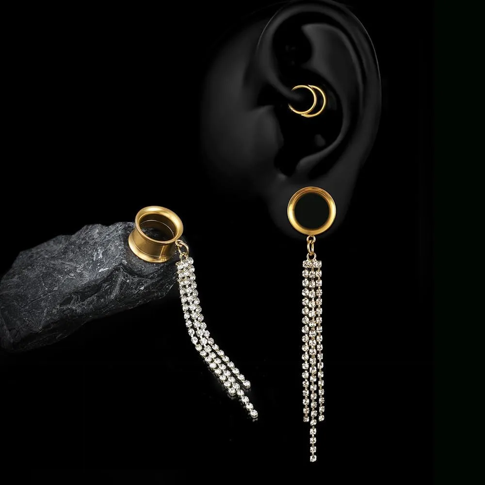 2Pcs Gold Saddle Plugs with Charm Crystals Chain Dangle Gauges Piercing Jewelry for Daily and Wedding, Surgical Steel Size 2g - 1 inch Ear Plugs Tunnels Gauges for Ears Stretching Expander Body Jewelry
