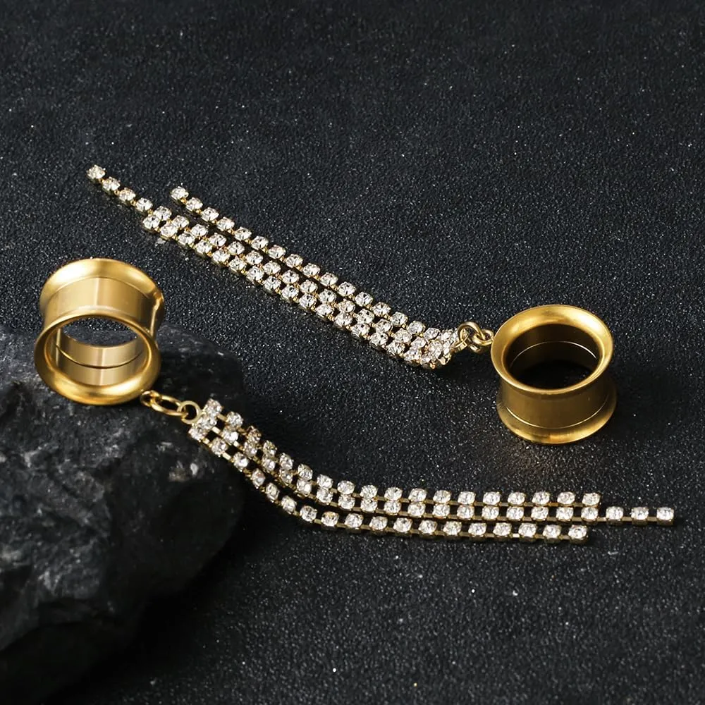 2Pcs Gold Saddle Plugs with Charm Crystals Chain Dangle Gauges Piercing Jewelry for Daily and Wedding, Surgical Steel Size 2g - 1 inch Ear Plugs Tunnels Gauges for Ears Stretching Expander Body Jewelry