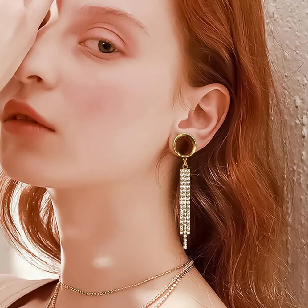 2Pcs Gold Saddle Plugs with Charm Crystals Chain Dangle Gauges Piercing Jewelry for Daily and Wedding, Surgical Steel Size 2g - 1 inch Ear Plugs Tunnels Gauges for Ears Stretching Expander Body Jewelry