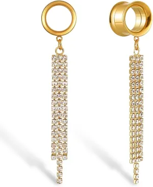 2Pcs Gold Saddle Plugs with Charm Crystals Chain Dangle Gauges Piercing Jewelry for Daily and Wedding, Surgical Steel Size 2g - 1 inch Ear Plugs Tunnels Gauges for Ears Stretching Expander Body Jewelry