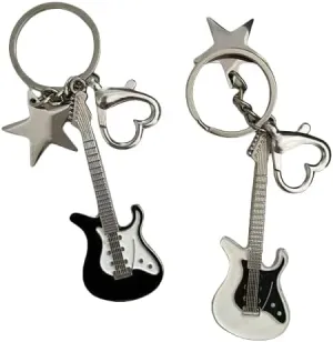 2PCS Matching Guitar Keychain Set for Couples  Black and White Electric Guitar Keychains with Star & Heart Charms  Musician Gift for Rock Lovers
