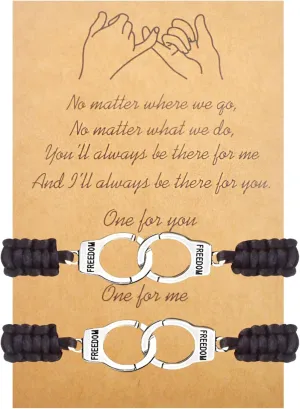 2pcs Partners in Crime Bracelets Handcuff Distance Matching Adjustable Cord Braided Friendship Bracelet with a Card for Women Men Best Friend BFF Birthday Thanksgiving Gifts