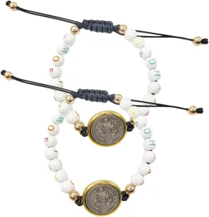 2Pcs San Benito Bracelets Tiger Eye Adjustable Bracelet Saint Benedict Medal Pendant Bracelet Protection Blessing Bracelet Catholic Matching Bracelets For Women Men