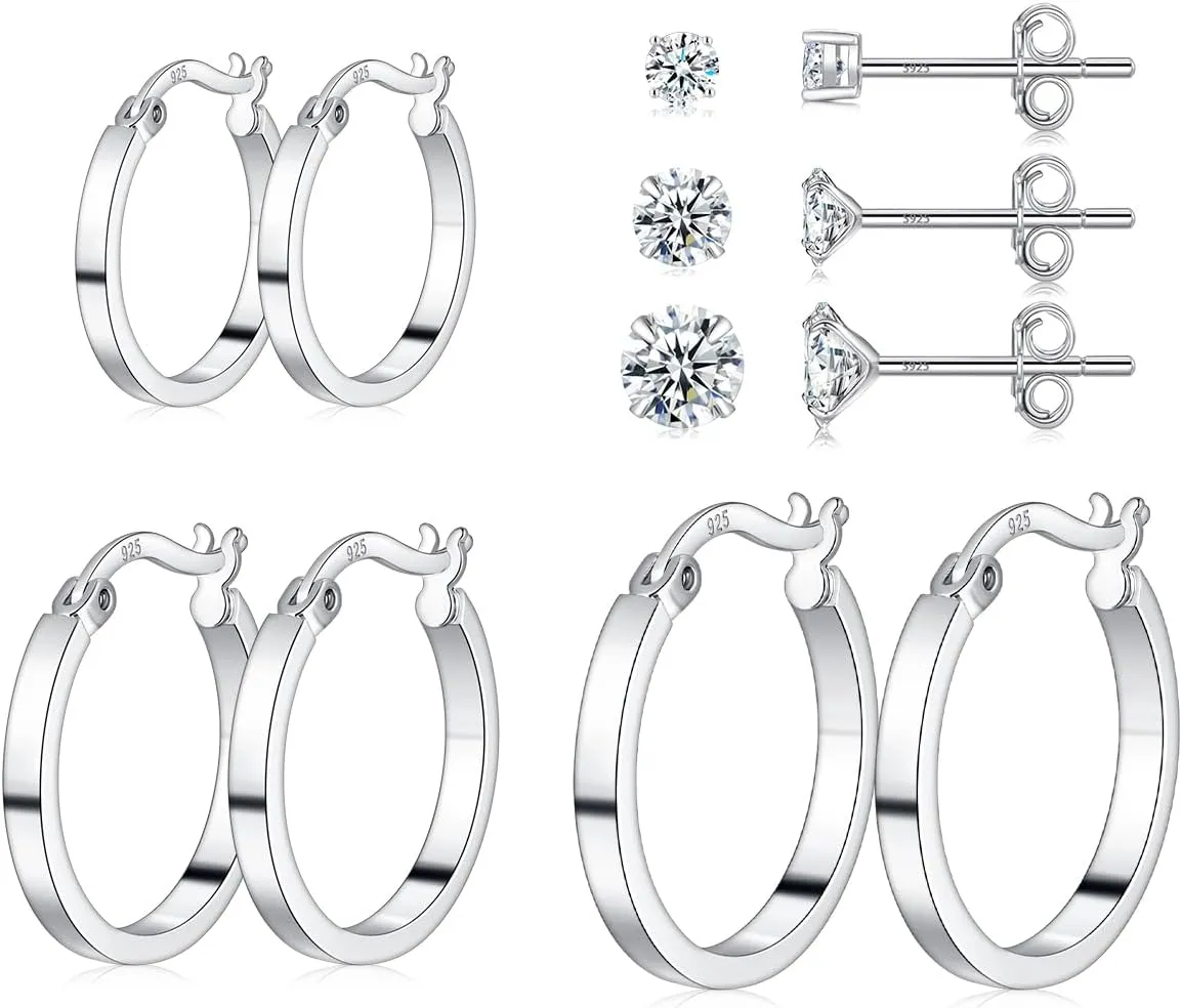 3 Pairs 925 Sterling Silver Hoop Earrings for Women 14K White Gold Plated Hypoallergenic Small Silver Hoop Earrings for Women Men 13/15/20mm
