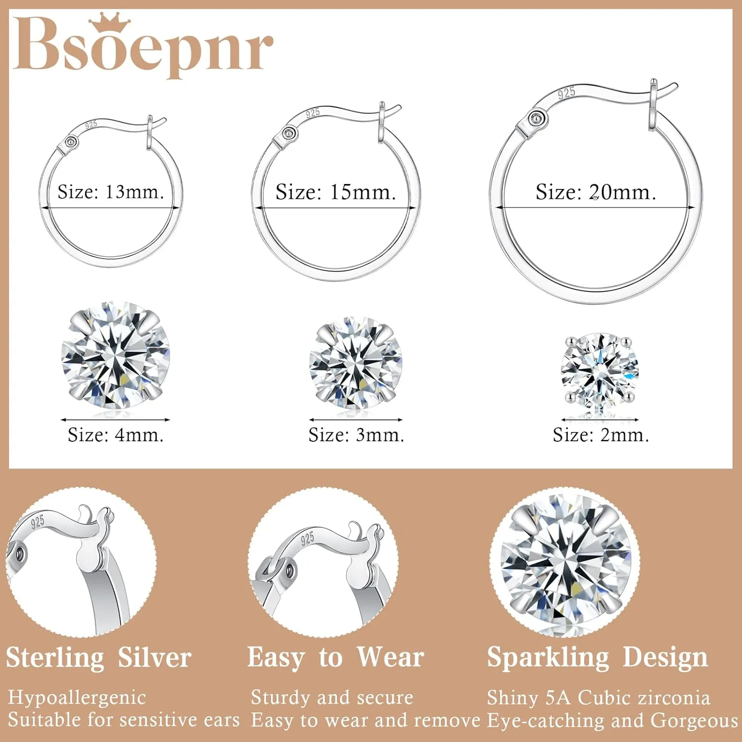3 Pairs 925 Sterling Silver Hoop Earrings for Women 14K White Gold Plated Hypoallergenic Small Silver Hoop Earrings for Women Men 13/15/20mm