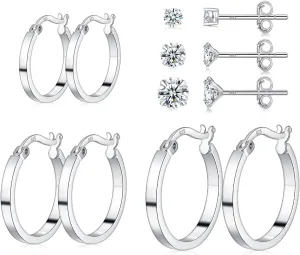 3 Pairs 925 Sterling Silver Hoop Earrings for Women 14K White Gold Plated Hypoallergenic Small Silver Hoop Earrings for Women Men 13/15/20mm