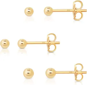 3 PAIRS 925 sterling silver stud earrings for women - tiny stud earrings - 24K Yellow or 18K Rose Gold Plated - small gold stud earrings - earrings studs pack - Diameter: 2, 3, 4, 5, 6 mm