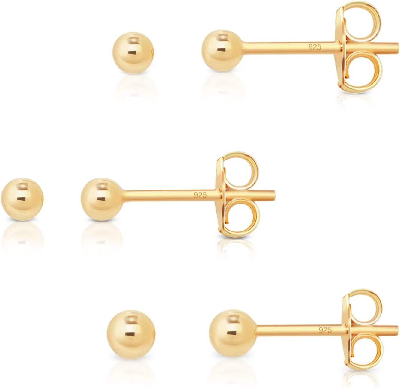 3 PAIRS 925 sterling silver stud earrings for women - tiny stud earrings - 24K Yellow or 18K Rose Gold Plated - small gold stud earrings - earrings studs pack - Diameter: 2, 3, 4, 5, 6 mm