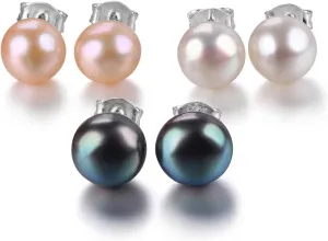 3 Pairs Freshwater Pearl Stud Earrings for Women S925 Sterling Silver June Birthstone Studs Rhodium Plated Classic Style Fine Jewelry for Birthday Mother's Day