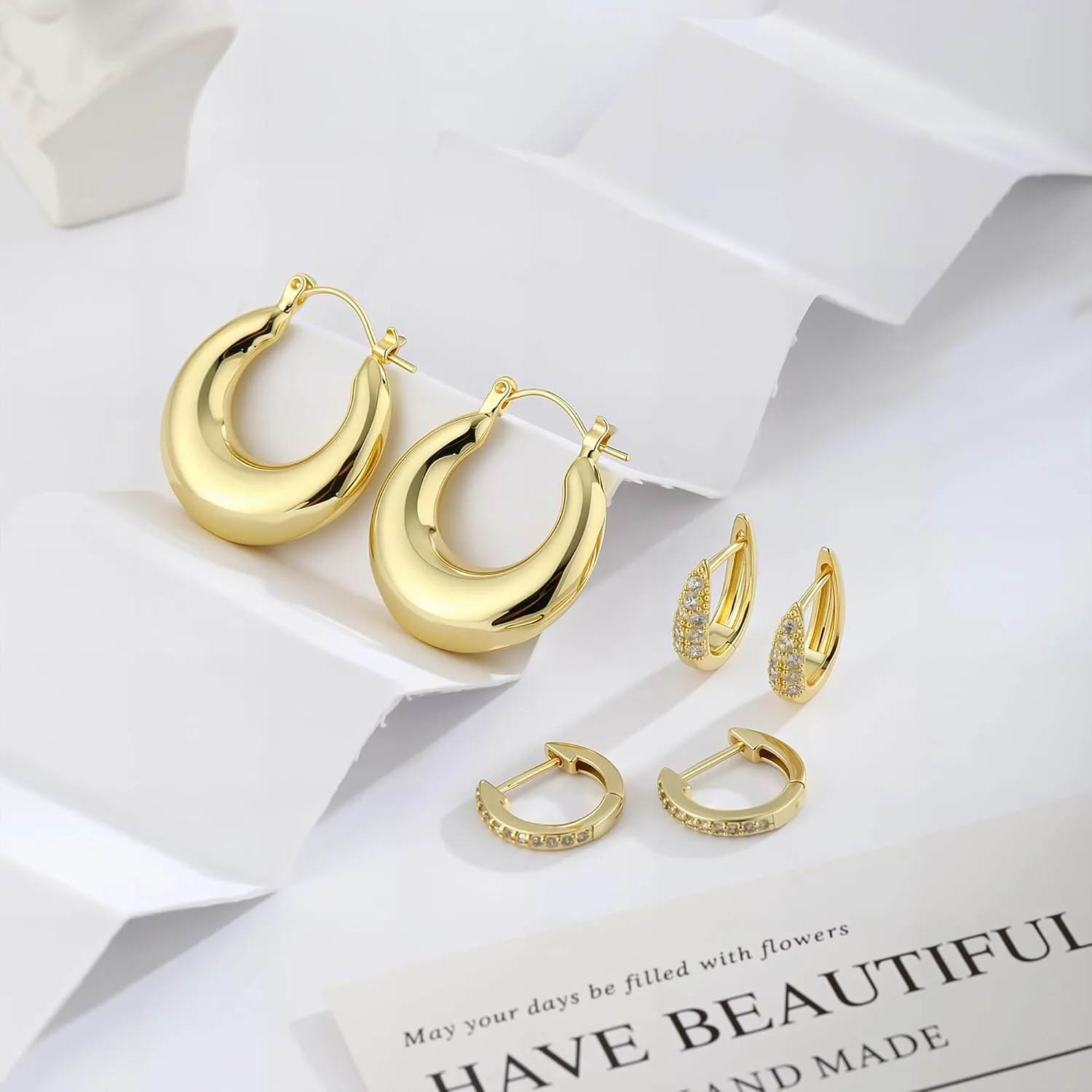 3 Pairs Gold/Silver Hoop Earrings Set for Women,Dainty Cubic Zirconia Hoop Earrings Women Stack Hypoallergenic Trendy Pack Jewelry
